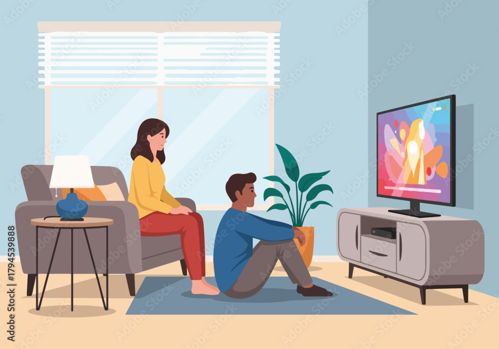 Fototapeta premium A couple watching tv together in a modern home living room. People relaxing and enjoying leisure time. Flat design graphic