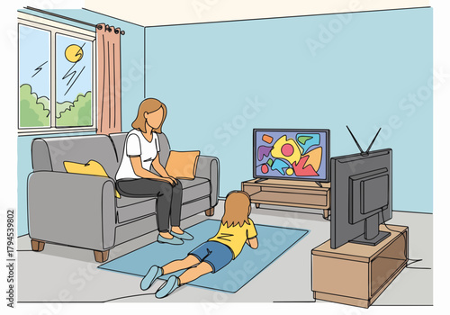 Family watching television in the living room. Mother and daughter spending leisure time at home. Simple cartoon drawing of a domestic scene