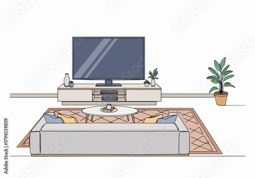 Modern living room interior with a tv and sofa. Minimalist line art drawing of home furniture. Cozy entertainment and lifestyle concept graphic