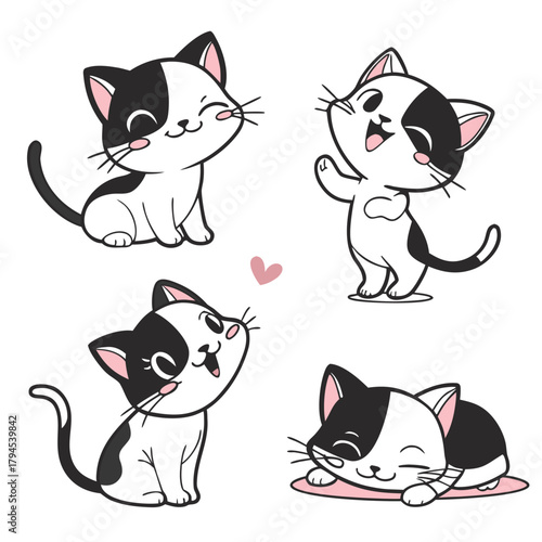 Set of four adorable black and white cartoon cats in various cute poses, including sitting, waving, looking up, and sleeping.
