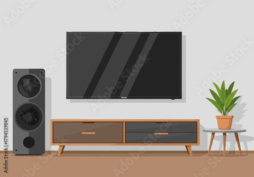 Modern living room with a tv home entertainment system. Flat design of contemporary furniture and electronics. Interior decor concept