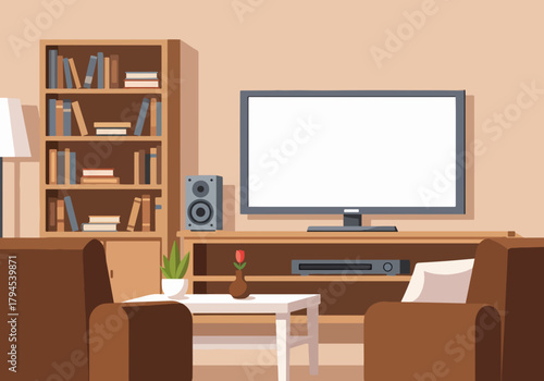 Cozy home living room interior with a tv entertainment center. Flat design graphic with a blank screen for mockups. Modern furniture and decor setting