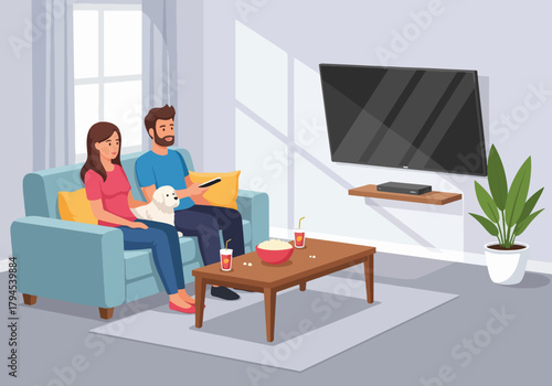 A couple with their dog watching tv at home. Man and woman relaxing on a sofa in the living room. Flat design cartoon graphic
