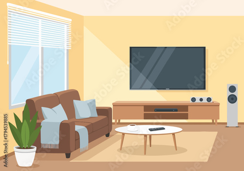 Modern living room interior with a TV and sofa. Home entertainment system and furniture concept. Flat design graphic of a cozy apartment scene