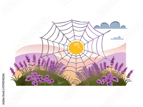 Spider's web in a sunrise over the blossoming common heather plants (Calluna vulgaris) in the Veluwe nature reserve at the Renderklippen heathland landscape in Gelderland, The Netherlands during sunri