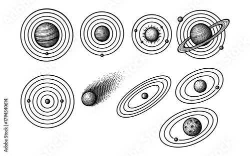Hand drawn celestial objects with planetary orbits and comet in black and white