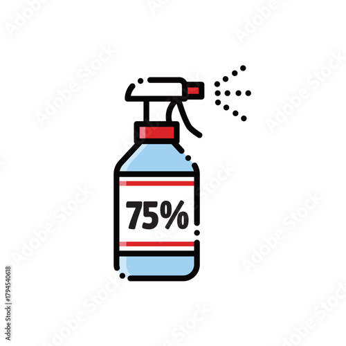 A 75% alcohol spray bottle with mist. Perfect for hygiene or disinfection designs. Editable & scalable.