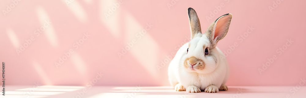 Obraz premium bunny adorable oversized ears sit atop soft pastel pink backdrop surrounded ample creative copy space warm