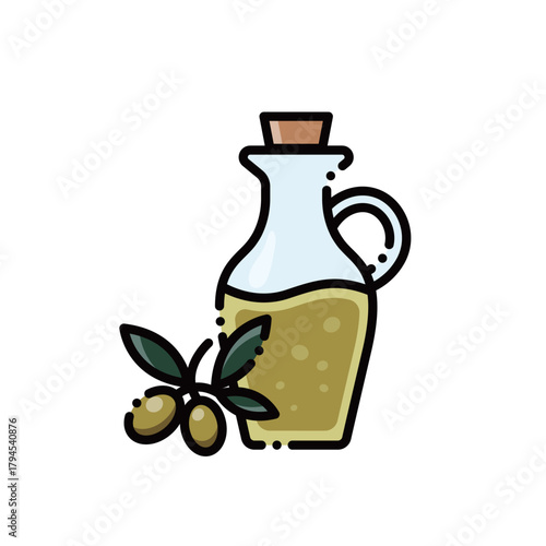 A classic olive oil bottle with olives and leaves. Perfect for healthy cooking or Mediterranean designs. Editable & scalable.