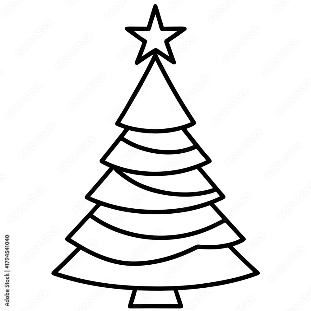 Fototapeta premium Outlined christmas tree with star on a white space on transparent background