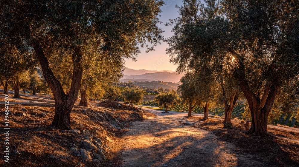 Naklejka premium Gnarled olive trees at dusk in a sunlit countryside scene