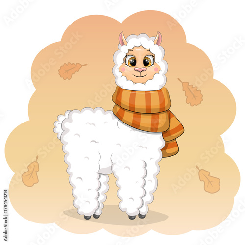 Cute cartoon Llama with scarf. Autumn Vector illustration of animal on orange background with leaves.
