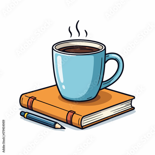 Steaming coffee cup on a journal with a pencil. Cartoon graphic for writing, study, or morning routine concepts. Isolated design element