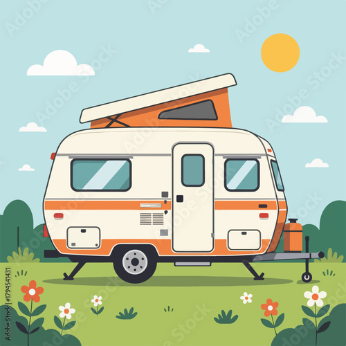 Retro camper trailer in an outdoor nature scene. Flat design graphic for camping and vacation concepts. Road trip and summer holiday adventure