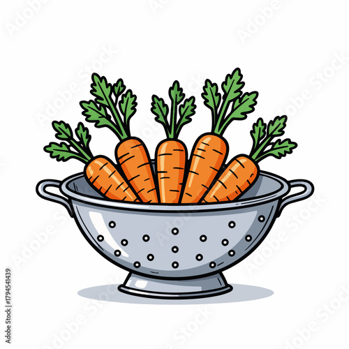 Fresh carrots in a metal colander cartoon icon. Healthy vegetable and cooking preparation concept. Flat design graphic isolated on white background