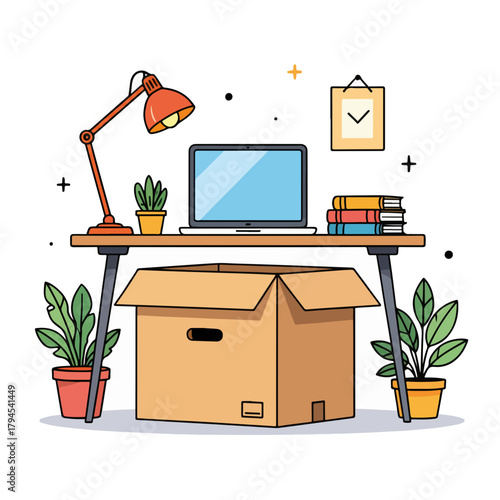 A cardboard box under a desk with a laptop and lamp. Moving, packing, or starting a new job concept. Flat design graphic isolated on a white background