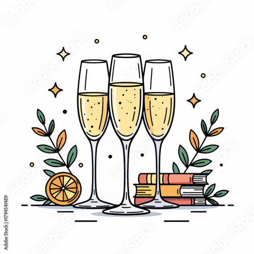 Minimalist line art of champagne flutes, books, and an orange slice. A festive graphic for celebrations, parties, and special occasions. Toasting concept design isolated on a white background