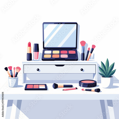 Makeup and cosmetics organized on a white vanity table. Flat design of a beauty workspace with eyeshadow, lipstick, and brushes. Modern glamour and self-care concept