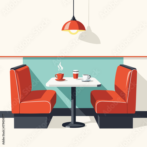 Retro diner booth with coffee on the table. Flat design graphic of a vintage cafe interior. American restaurant scene with empty seats