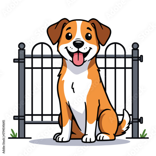 A happy cartoon dog sitting in front of a fence. Animal shelter and pet adoption concept. Flat design graphic isolated on white background