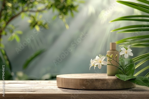 Rustic wooden pedestal podium with a flower and a natural skincare product.