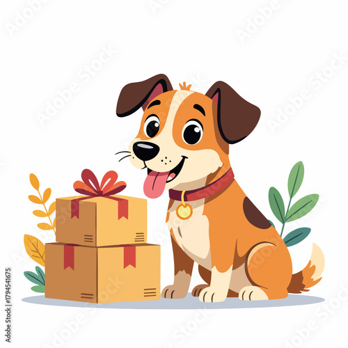 A happy cartoon dog sitting next to gift boxes. Pet birthday and celebration concept. Flat design character isolated on a white background