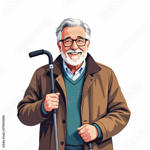 Happy senior man holding a walking cane. Cartoon character of a grandfather or retiree. Active aging and healthcare graphic isolated on white background