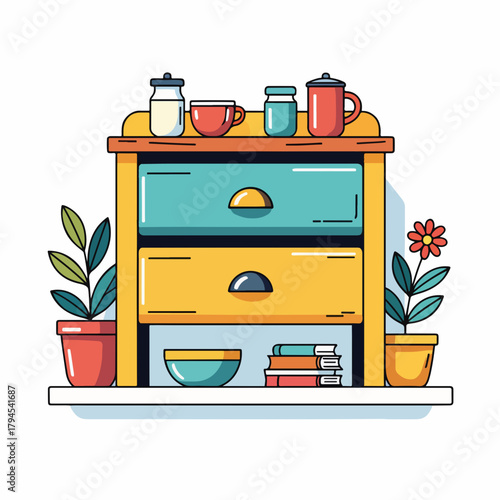 A flat design graphic of a chest of drawers with home decor. Interior furniture with plants, books, and cups. Cozy household storage concept