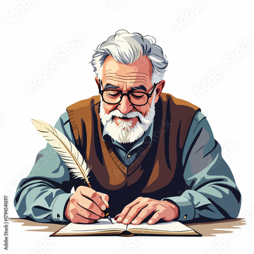 Elderly writer with a beard and glasses writing in a book with a quill. Vintage author and literature concept. Stylized graphic isolated on white background