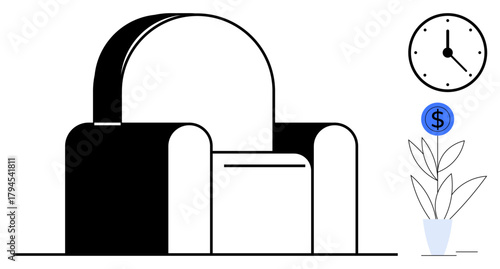 Minimalist armchair with floor lamp, round clock, and plant sprouting a dollar sign. Ideal for home decor, productivity, time management, comfort, efficiency, balance simple flat metaphor