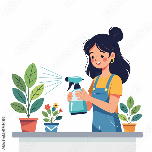 A young woman misting her houseplants with a spray bottle. Flat design graphic of a home gardening hobby. Character caring for indoor plants