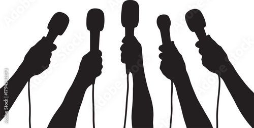 silhouetted hands holding microphones for press conference and media coverage