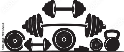 Gym workout equipment dumbbell barbell vector icon set