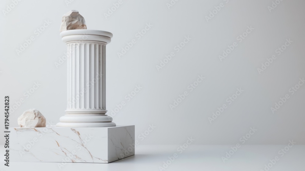 Fototapeta premium Roman stone column in 3D with Greek marble details, white background, classic ancient Greece podium, art museum setting.