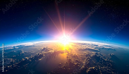 Earth from space with sun shining over clouds