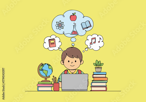 A young boy studying with a laptop for home schooling. E-learning and online education concept. Cartoon graphic with school subject icons