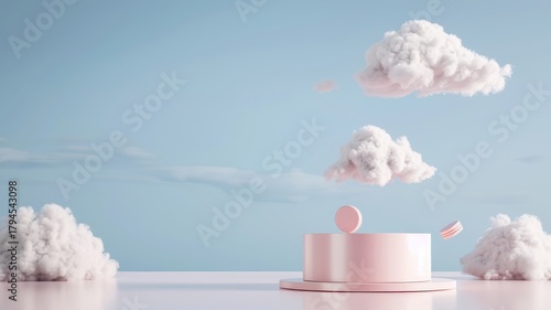 Pink podium against a soft sky and cloud background, ideal for elegant product displays in an abstract studio.