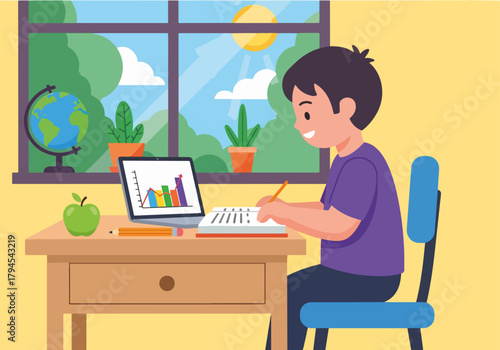 Home schooling concept with a boy studying at his desk. Child learning online with a laptop and notebook. Flat design graphic