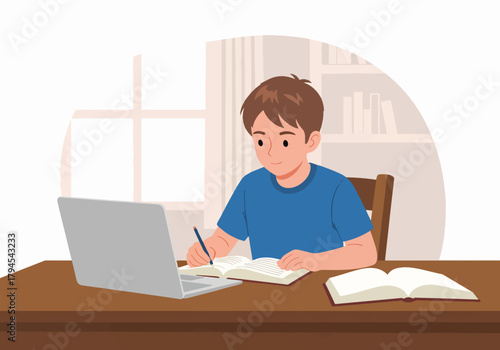 A young boy studying at home using a laptop for online education. Home schooling and e-learning concept. Flat cartoon character design