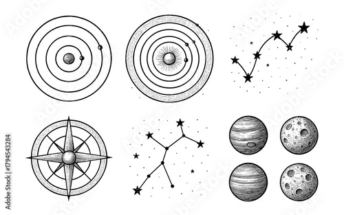 Intricate celestial designs featuring solar system, constellations, and cosmic bodies