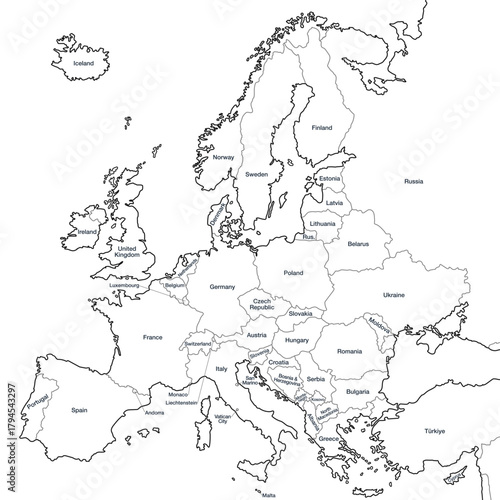 Accurate correct detailed europe european continent map line states countries political with names vector isolated on transparent background