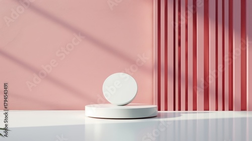 Modern red podium stage with abstract lighting, ideal for showcasing awards or luxury items.