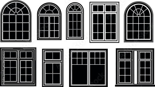 Collection of various architectural window designs including arched and rectangular styles with detailed panes