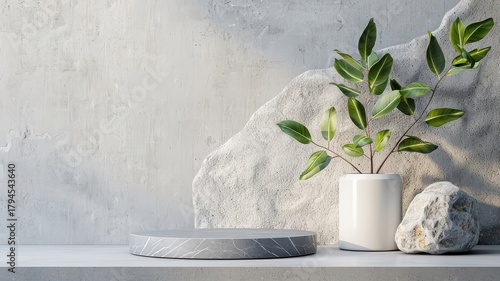 3D black podium on a stone wall background with rock texture and geometric marble elements, offering a minimalistic abstract stage for product display.