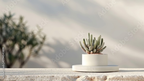 3D podium with cactus in a desert scene, perfect for summer cosmetic displays.