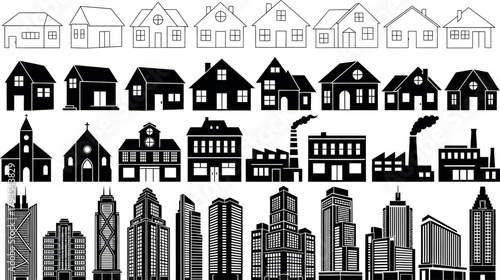 Collection of hand drawn architectural styles from houses to skyscrapers in black and white silhouette