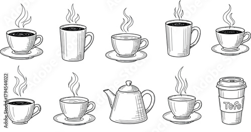 Collection of hand drawn coffee cups mugs and teapot with steam illustrating hot beverages