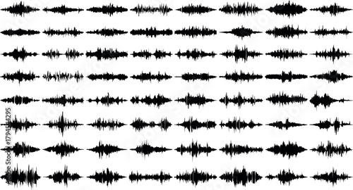 Abstract collection of diverse black and white sound wave patterns on a white background