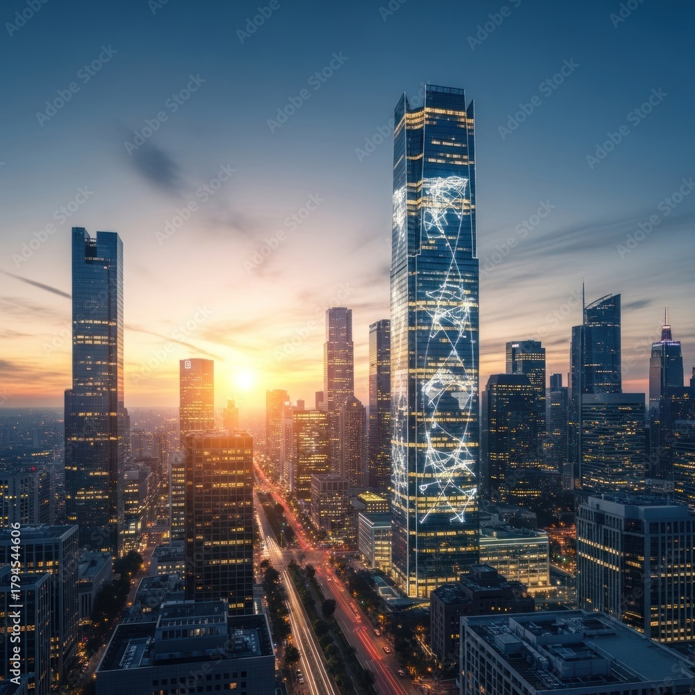 Fototapeta premium Stunning sunset over a modern city skyline with towering skyscrapers and illuminated streets.