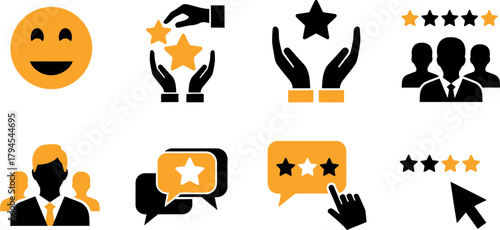Collection of icons representing customer feedback ratings satisfaction and review concepts